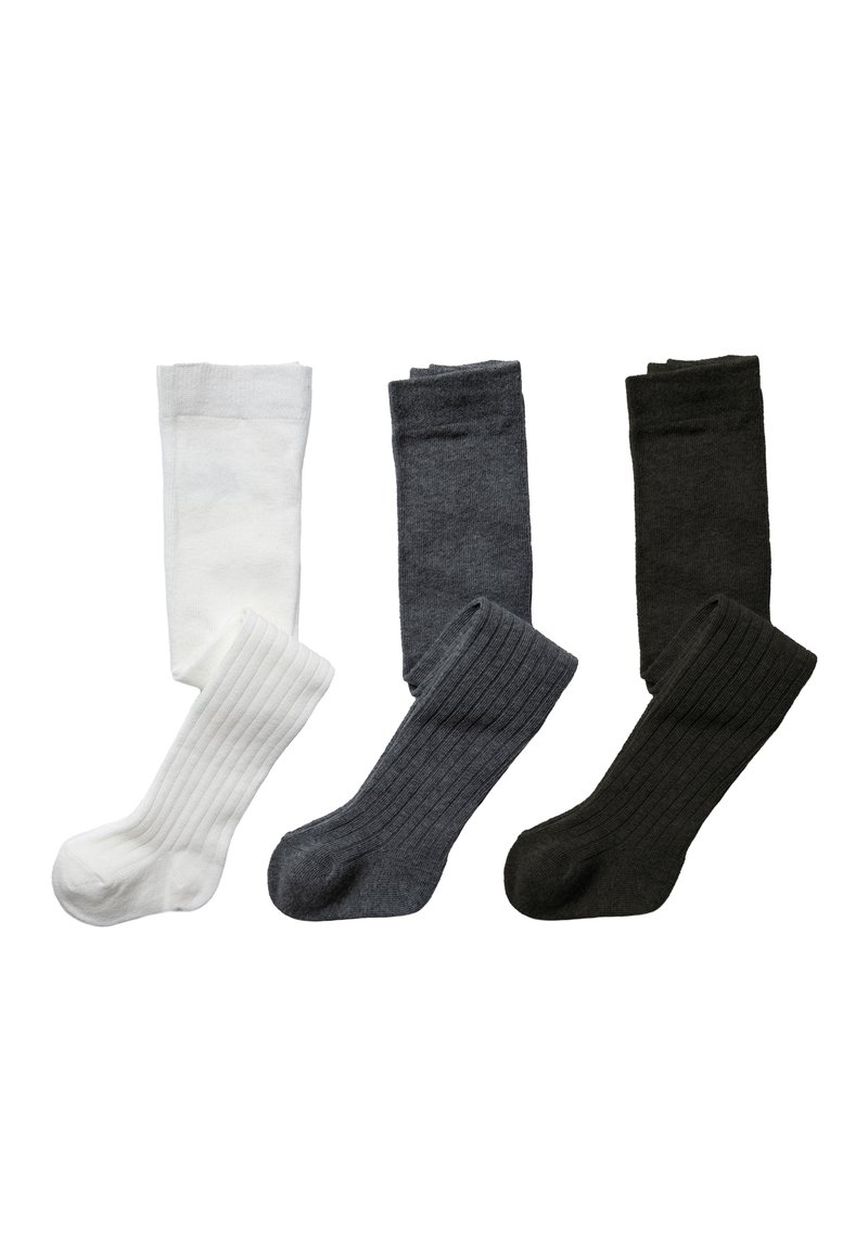Vier Paar Socken: ein weißes glattes Paar, ein graues strukturiertes Rippenpaar und zwei dunkelgraue und schwarze glatte Paare, alle in Knöchelhöhe.