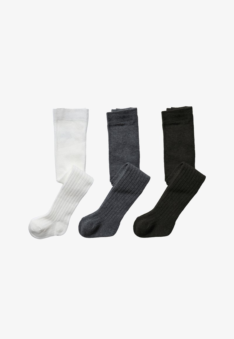 Vier Paar Socken: ein weißes glattes Paar, ein graues strukturiertes Rippenpaar und zwei dunkelgraue und schwarze glatte Paare, alle in Knöchelhöhe.