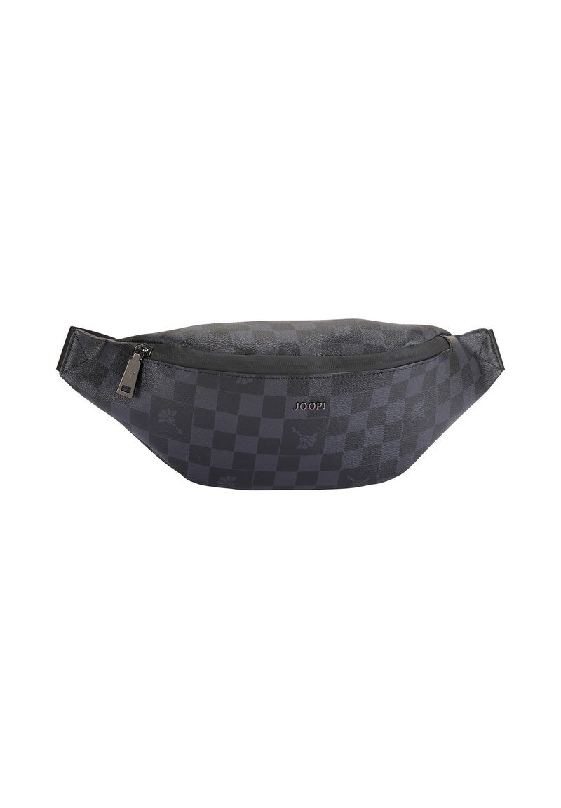 Zwarte heuptas met een geruit patroon, gemaakt van gestructureerd materiaal. Voorzien van een ritssluiting en een klein logo-accent aan de voorkant.