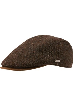 Brown tweed flat cap with subtle multicolor specks and a small metal brand tag on the side.