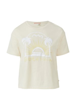 Kurze Ärmel, cremefarbenes Baumwoll-T-Shirt mit einem gedruckten Design von einer Sonne und Palmen, beschriftet mit "GOLDEN HOUR" in Gelb unter dem Motiv.