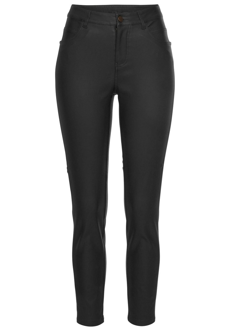 Černé slim-fit džíny vyrobené z elastické tkaniny s hladkým povrchem, s polovyšším pasem, předními kapsami a jedním knoflíkem na zapínání.