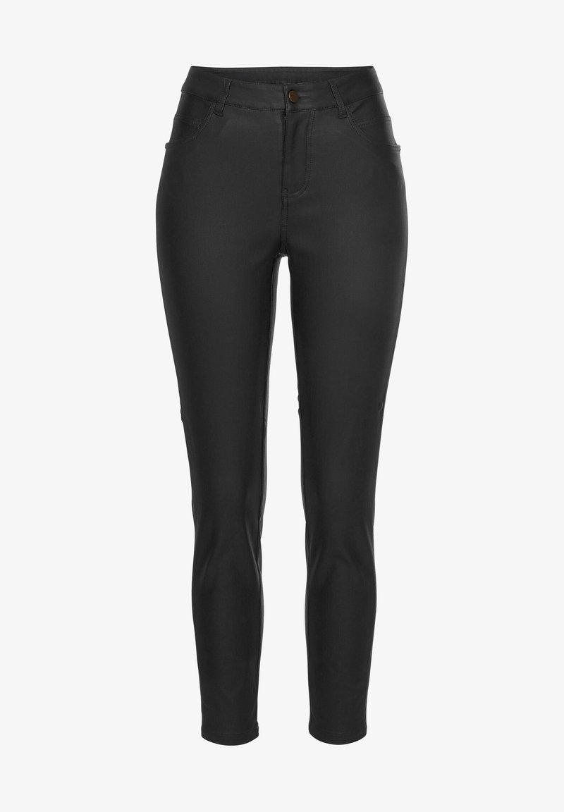 Černé slim-fit džíny vyrobené z elastické tkaniny s hladkým povrchem, s polovyšším pasem, předními kapsami a jedním knoflíkem na zapínání.