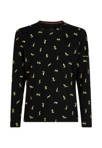 Zwarte long袖 t-shirt met een algehele neon groene patroon van ski-figuren. Gemaakt van zachte stof, met een ronde hals en een normale pasvorm.