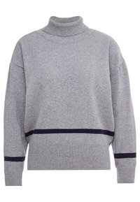 Pull à col roulé gris avec coupe oversize et épaules tombantes. Présente des rayures horizontales bleu foncé à l'ourlet et aux manches. Texture douce.