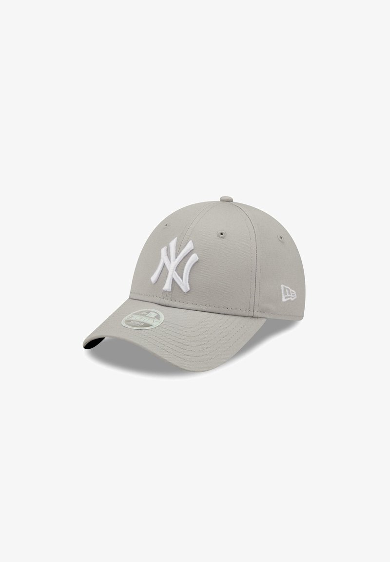 Gray baseball cap made of fabric, featuring a raised white embroidered logo at the front. Curved visor, and adjustable back closure.