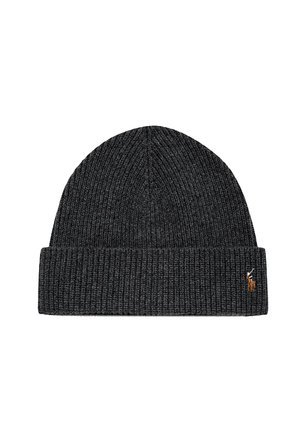 Gorro de punto gris oscuro con textura acanalada y un puño doblado. Presenta un pequeño logo bordado en naranja en un lado.