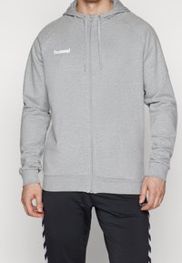Sweat à capuche zippé gris avec capuche, manches longues et poignets côtelés. Présente un logo blanc sur le côté gauche de la poitrine. Tissu doux et texturé.