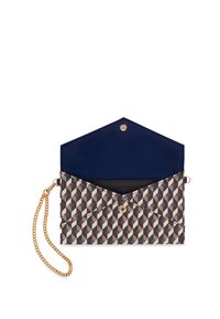 Geometric-patterned clutch in fabric with a chain strap. Features a navy interior, gold hardware, and a snap closure.