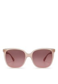 Sonnenbrille mit einem hellpinkfarbenen, matten Kunststoffrahmen, breiter quadratischer Form und gradienten pinken Gläsern; mit dezenten goldfarbenen Hardware-Akzenten.