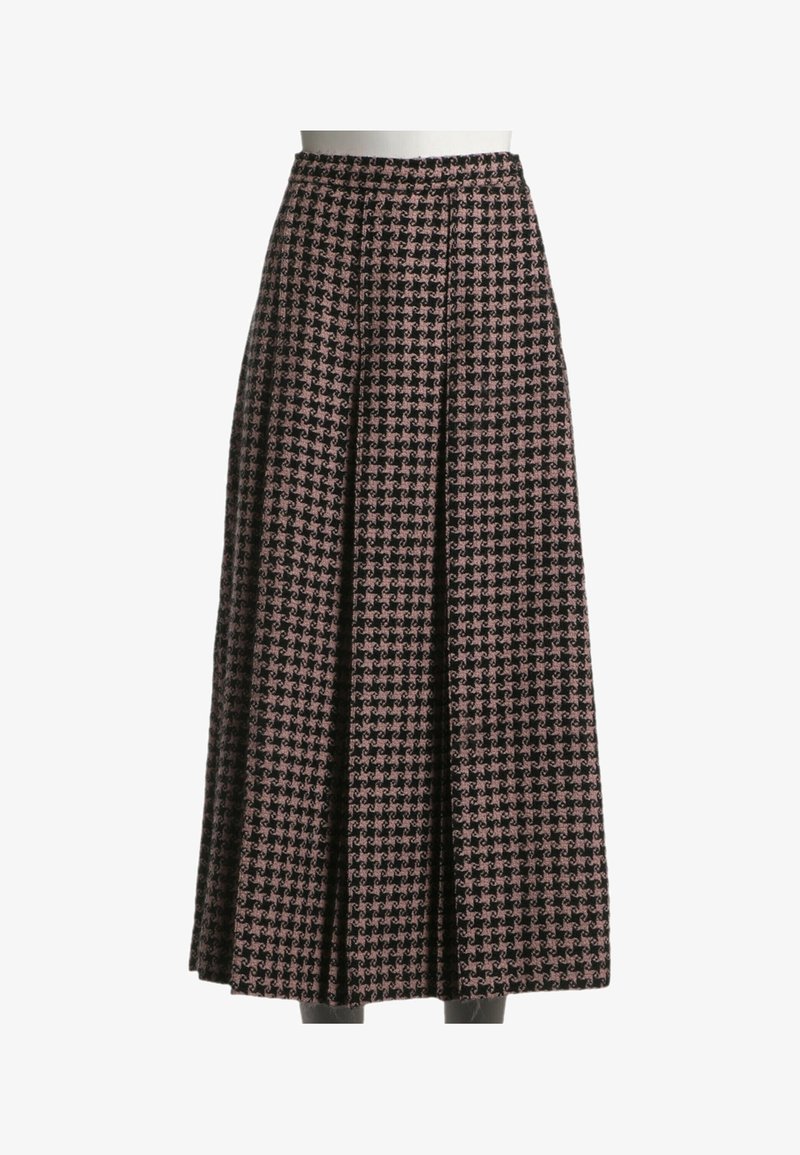 Jupe longue plissée avec motif pied-de-poule noir et rose et taille ajustée.