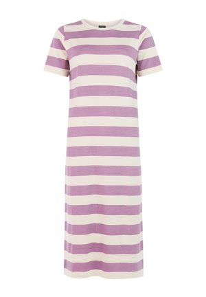 Midi haljina s kratkim rukavima, naizmjeničnih svijetloplavih i bijelih horizontalnih pruga, okruglog izreza i ravnog kroja.