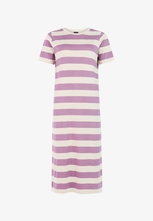 Midi haljina s kratkim rukavima, naizmjeničnih svijetloplavih i bijelih horizontalnih pruga, okruglog izreza i ravnog kroja.