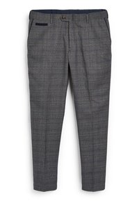 Pantalons à carreaux gris avec un tissu texturé, design à jambe droite, ceinture à boutons et deux poches avant.