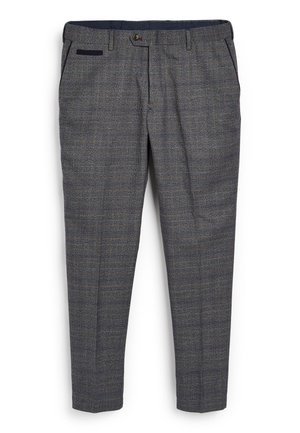 Szare spodnie w kratę z teksturowanej tkaniny, prostą nogawką, z zapięciem na guzik w pasie oraz dwiema przednimi kieszeniami.