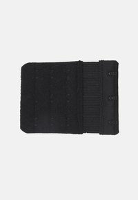 Black fabric band with hook-and-loop closure, featuring vertical stitching and three pairs of metal hooks for adjustable fit.