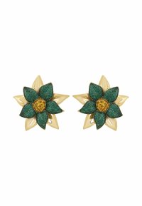 Gold flower-shaped earrings with green gemstone petals and yellow gemstone centers, displayed on a white background.