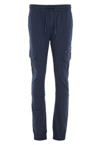Marine cargobroek met een elastische tailleband en trekkoord, meerdere zijzakken, zachte stof en geribbelde boorden bij de enkels.