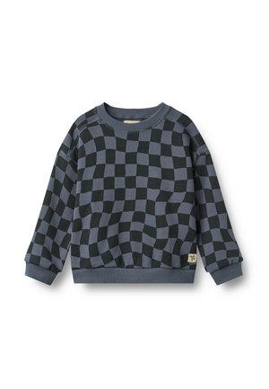 Langærmet crew neck sweatshirt med sort og gråt ternet mønster og ribstrikkede manchetter og kant på en hvid baggrund.