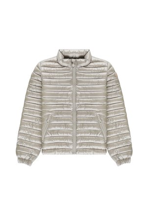 Giacca imbottita trapuntata grigio chiaro con colletto a listino, cerniera frontale, tasche laterali con zip e polsini elastici.