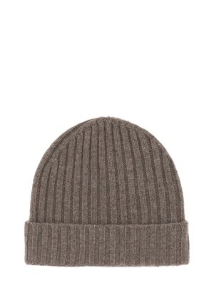 Braune Strickmütze mit vertikaler Rippstruktur und umgeschlagenem Saum. Hergestellt aus weichem Wollmix-Material, entworfen für Wärme und Komfort.