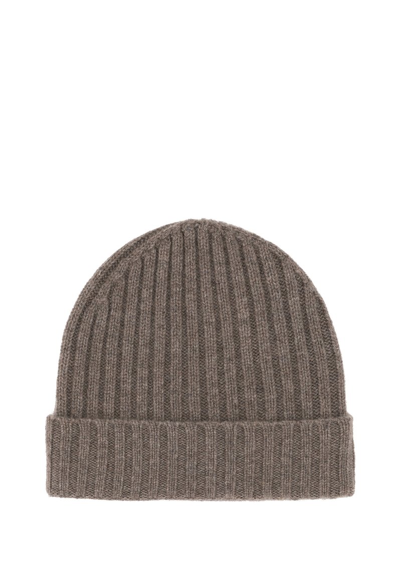 Rjav pleten klobuk z vertikalno rebrasto teksturo in zavihanimi robovi. Izdelan iz mešanice mehkega volnenega materiala, zasnovan za toploto in udobje.