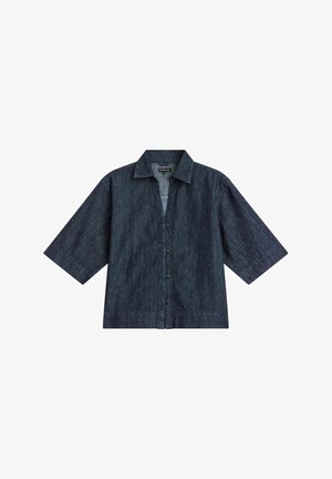 Dark blue denim short-sleeve button-up shirt with wide sleeves and a pointed collar, displayed flat on a white background.