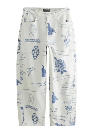 White pants with blue sketches of flowers, birds, classical busts, and handwritten text designs, featuring front pockets and belt loops.