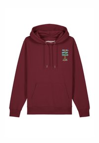 Bordeaux hoodie met een voorzak, trekkoordcapuchon en kleurrijke grafische print op de linkerkant van de borst met natuur elementen.