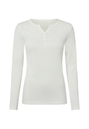 White long-sleeve henley shirt with a split round neckline and three small buttons on the front placket.