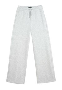 Szare dresy z luźnym krojem, wykonane z miękkiego materiału. Posiadają elastyczny pas ze sznurkiem do ściągania i brak widocznych wzorów.