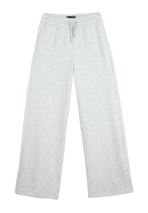 Szare dresy z luźnym krojem, wykonane z miękkiego materiału. Posiadają elastyczny pas ze sznurkiem do ściągania i brak widocznych wzorów.