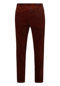 Corduroy pants in deep rust color, featuring a straight cut, front pockets, and a textured ribbed surface for added detail.