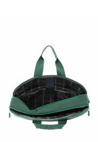 Sac en tissu vert avec fermeture éclair, double compartiment intérieur, extérieur texturé et double poignée pour le transport. L'intérieur est doublé d'un motif noir.