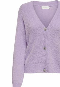 Cardigan lilla lavorato a maglia con scollo a V, maniche lunghe e tre bottoni decorativi sul davanti. Texture morbida con una finitura pelosa.
