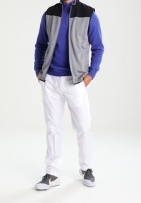 Gilet sans manches gris et noir par-dessus une chemise à manches longues bleu; pantalon blanc; chaussures de sport grises et blanches avec des accents noirs.