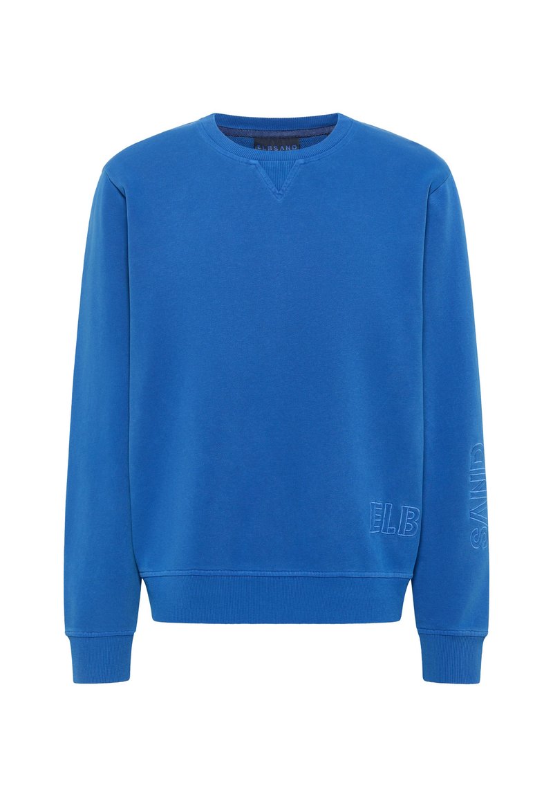 Blauwe sweatshirt met een ronde hals, ribgebreide mouwen en zoom; heeft subtiele geborduurde tekst op de mouw. Zachte katoenmaterialen.