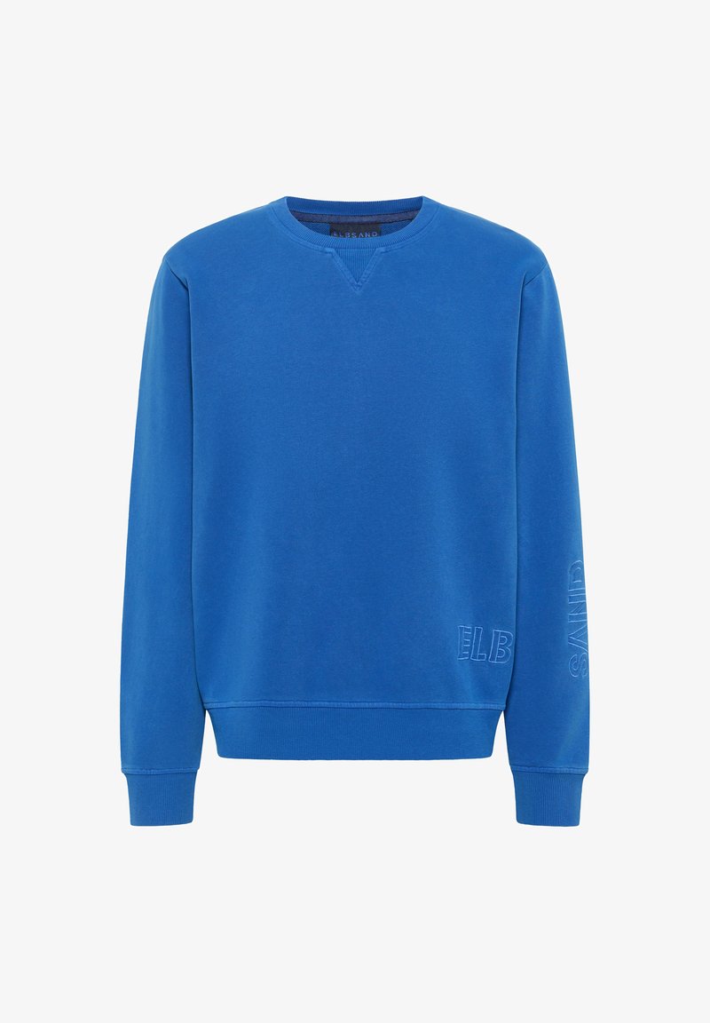Blue sweatshirt with a crew neck, ribbed cuffs, and hem; features subtle embroidered text on the sleeve. Smooth cotton material.