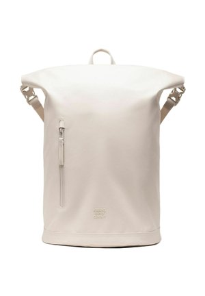 Sac à dos beige minimaliste à rabat roulé avec poche zippée verticale à l'avant et bretelles réglables, de la marque Herschel Supply Company.