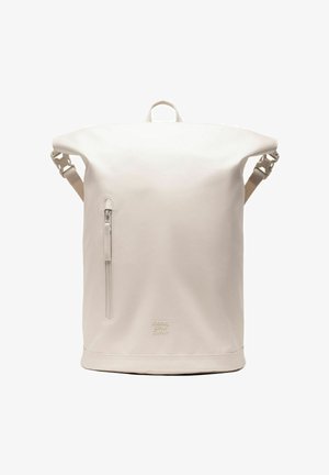 Sac à dos beige minimaliste à rabat roulé avec poche zippée verticale à l'avant et bretelles réglables, de la marque Herschel Supply Company.