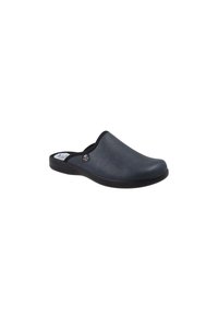 Zoccoli slip-on grigio scuro con parte superiore liscia e testurizzata e suola nera. Presentano un bordo morbido attorno all'apertura e un accento del logo discreto.