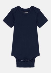 Body a maniche corte di colore blu navy, realizzato in cotone morbido e elasticizzato. Presenta un collo rotondo e chiusure a scatto sul fondo.