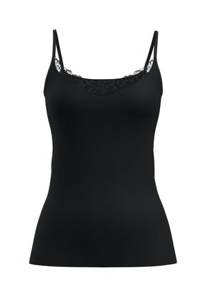 Camisola nera con spalline sottili regolabili e un bordo in pizzo floreale lungo il collo, texture liscia, design aderente.
