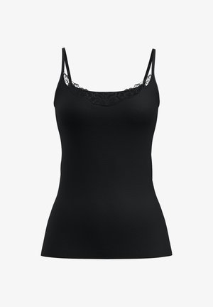 Black camisole with adjustable spaghetti straps and a floral lace trim along the neckline, smooth texture, fitted design.