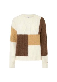 Adīts pulovers ar laukuma dizainu, kurā ir krēms, brūns un brūngans tonis. Tekstūrēta virvju adīšana un ribota aproce un apakšmala.