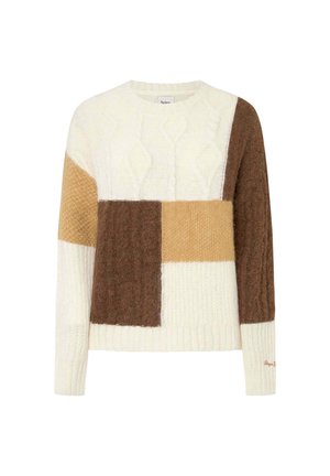 Gebreide pullover met een patchworkontwerp in crème, bruin en tan kleuren. Gelaagd kabelbreipatroon en geribde manchetten en onderrand.