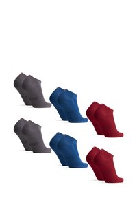 Conjunto de seis pares de calcetines tobilleros en gris, azul y rojo. Hechos de un tejido suave con una textura lisa y un logo sutil impreso en el costado.