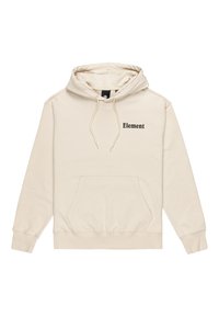 Sweat à capuche beige avec cordon de serrage, texture douce, poche kangourou à l'avant et logo "Element" en impression foncée sur le côté gauche.