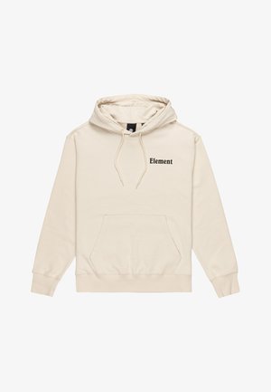 Sweat à capuche beige avec cordon de serrage, texture douce, poche kangourou à l'avant et logo "Element" en impression foncée sur le côté gauche.
