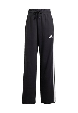 Black sweatpants with a drawstring waist, white side stripes, and a small white logo on the left leg. Made from soft fabric for comfort.